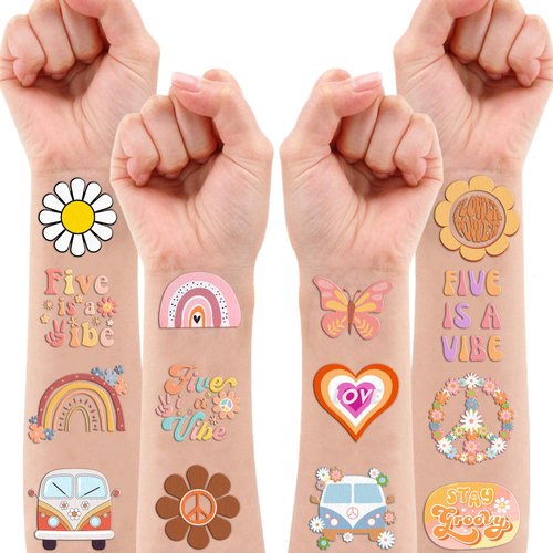 100 PCS Five Is A Vibe Temporary Tattoos Themed 5th Birthday Party Decorations Favors Supplies Décor Groovy Retro Boho Rainbow Hippie Tattoo Stickers Gifts For Game Boys Girls Classroom School Prizes