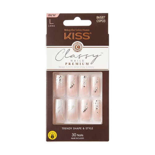 KISS Classy Premium Press On Nails, 'Stunning!', French, Long Length, Square Shape, Includes 30 Fake Nails, 2g Pink Gel Nail Glue, 1 Manicure Stick, 1 Mini File