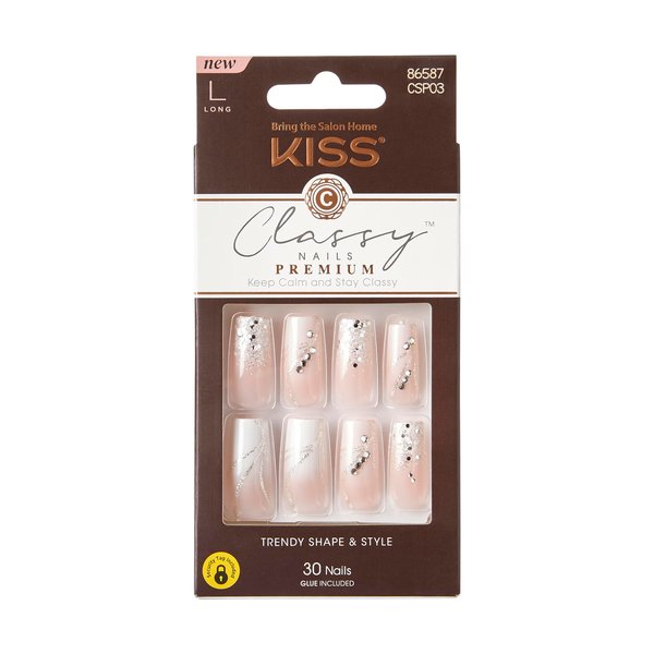 KISS Classy Premium Press On Nails, 'Stunning!', French, Long Length, Square Shape, Includes 30 Fake Nails, 2g Pink Gel Nail Glue, 1 Manicure Stick, 1 Mini File