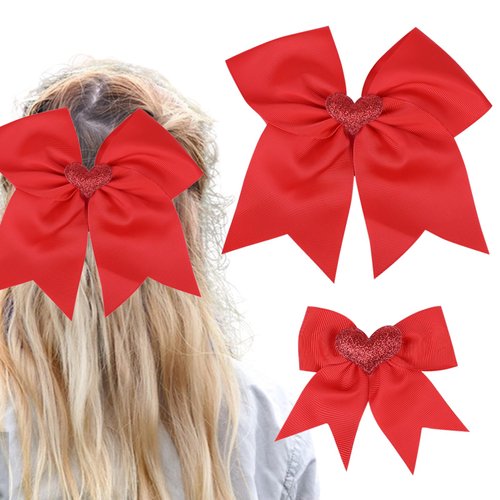 2PCS Valentine Hair Bows Ties Red Hair Scrunchies and Hair Bows Clips Glitter Sequins Cheer Bows for Cheerleaders Ponytail Holder Handmade Elastic Hair Bands Hair Access for Women Girls