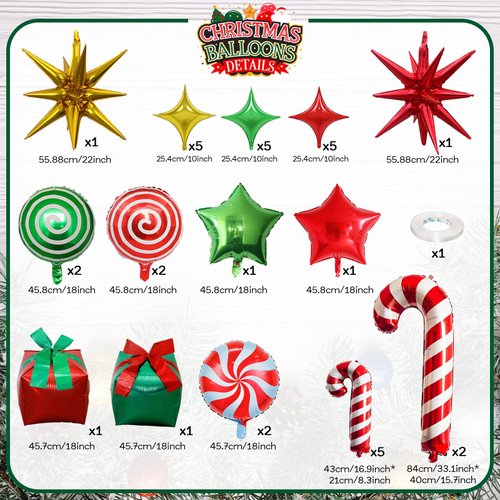 34 Pcs Christmas Foil Balloons Set, Christmas Round Swirl Candy Cane Gift Box and Explosion Star Mylar Balloons, Red Green Gold Xmas Party Decorations for New Year Holiday Theme Party Decor Supplies