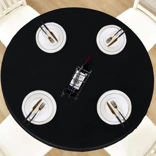 LUSHVIDA Round Waterproof Table Cover Tablecloth Vinyl Fitted Elastic Edged Plastic Table Cover Fits Tables up to 45"-56" R Black
