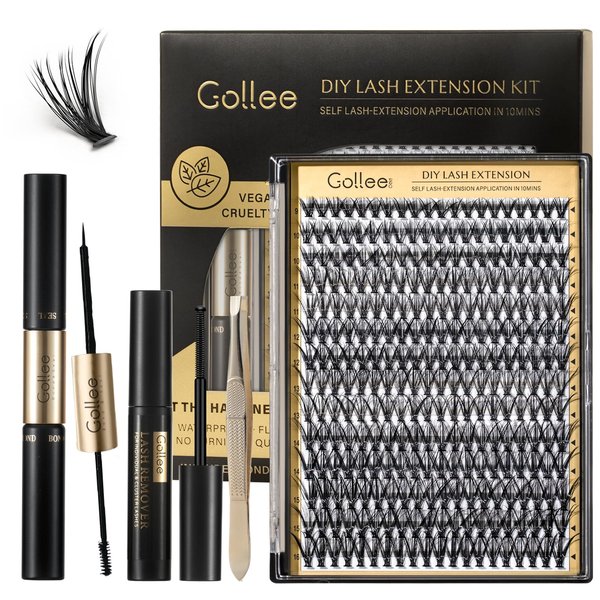 Gollee Lash Extensions Kit 280pcs Lash Clusters 9-16mm Mix 30D Eyelash Extension Kit with Waterproof Bond and Seal and Lash Glue Remover Lash Tweezers for DIY Lash Extension Beginners