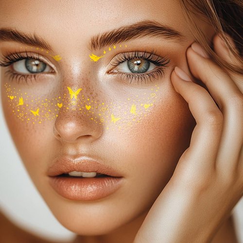 Gold Glitter Freckles Temporary Face Fake Tattoos For Women, Sparkle Waterproof Makeup Patches, Glow Up Faux Butterfly & Love Heart Speckles - 10 Count