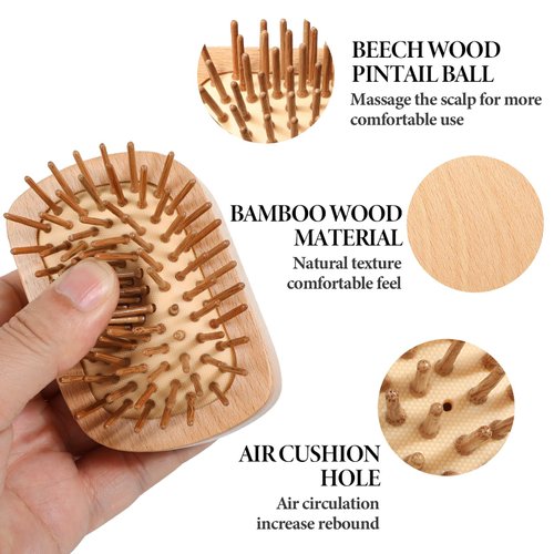 Bamboo Hair Brush, Mini Wood Hair Brush Wooden Scalp Massager for Hair Growth, Travel Detangling Hairbrush Air Cushion Hair Brushes for Women and Men All Hair Types, Easy of Holding
