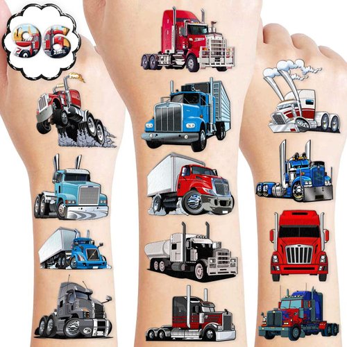 8 Sheets (96PCS) Semi Truck Temporary Tattoos Theme Birthday Party Decorations Supplies Favors Decor Stickers for Kids Boys Girls Gifts Classroom School Prizes Rewards