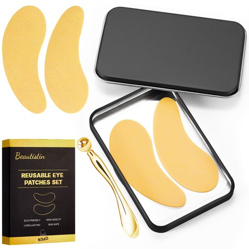 Beautistin Under Eye Patches Silicone - 2 Pairs Reusable Eye Patches, Eye Wrinkle Patches, Reusable Under Eye Mask, Plump Fine Lines & Wrinkles, with Metal Eye Cream Applicator, Tin Case, Gold