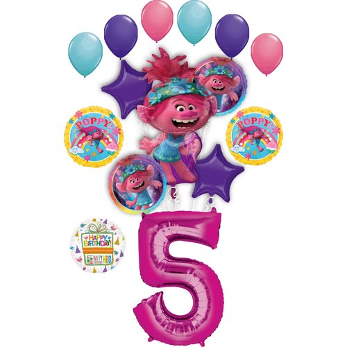 Poppy World Tour 5th Birthday Party Supplies Trolls 15pc Balloon Bouquet Decorations