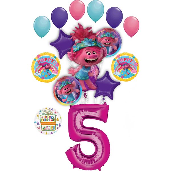 Poppy World Tour 5th Birthday Party Supplies Trolls 15pc Balloon Bouquet Decorations