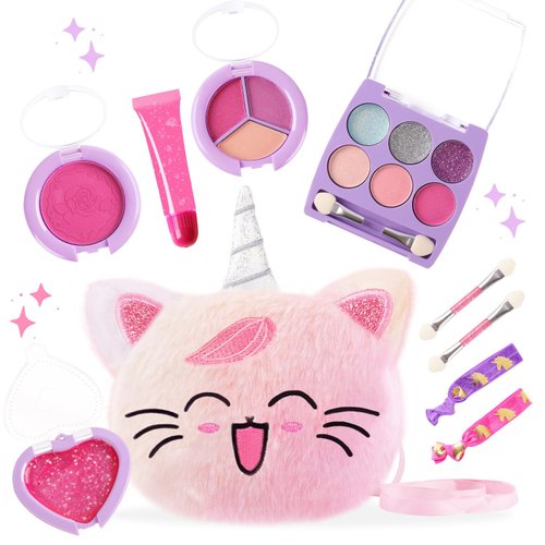 Prinbarbee Toddler Makeup Kit Age 3-4 with Mini 5x4.3in Coin Purse,Real, Non Toxic, Washable Make Up Toy for Little Girls,Unicorn Play Makeup Set for Kids 3-12,Birthday (Tie-Dye Pink)