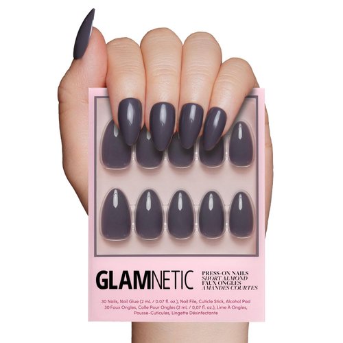 Glamnetic Press On Nails - Ash Gray | Opaque Muted Smoke Gray Short Almond False Nails, Reusable Stick On Fake Nails with Glue | Salon Quality | 15 Sizes - 30 Nail Kit