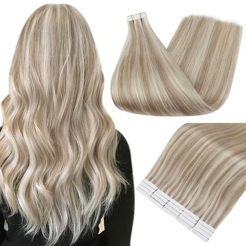Full Shine Tape in Hair Extensions Human Hair 18 Inch Blonde Remy Human Hair Tape in Extensions Color 18/613 Ash Blonde Highlight with Platinum Blonde Invisible Hair Extensions Tape in 20Pcs 50Grams