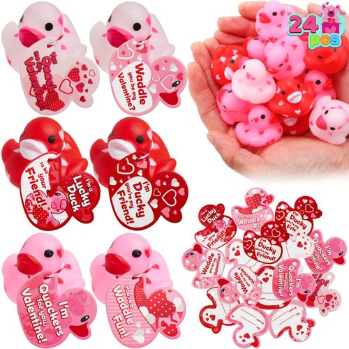 JOYIN 24 Pcs Valentine’s Day Mini Rubber Duck 1.2 Inches with Gift Cards, Small Rubber Duckies with Duck Card Tags, Rubber Duck Bath Toys for Classroom Exchange Prizes, Valentine Party Favors Toys