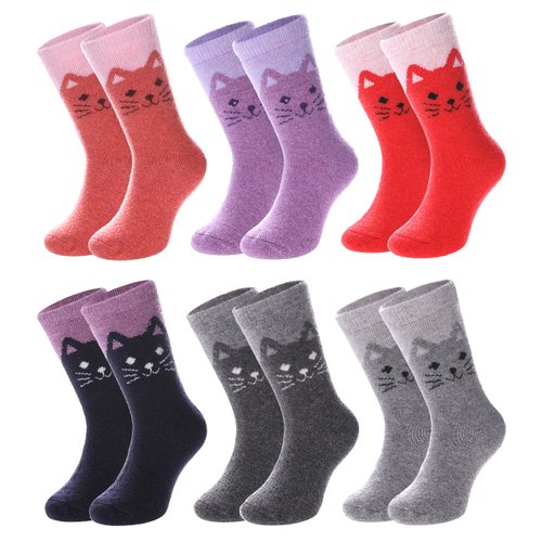 MQELONG Wool Socks for Kids Boys Girls Winter Warm Wool Hiking Thick Boot Cozy Crew Socks 6 Pairs (6 Pairs Cat, 8-12 Years)
