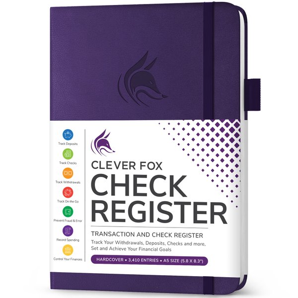 Clever Fox Check Register Book - Deluxe Transaction Register, Accounting Ledger Book, Checkbook Register & Checking Account Register Book for Personal and Work Use, A5 Hardcover - Purple