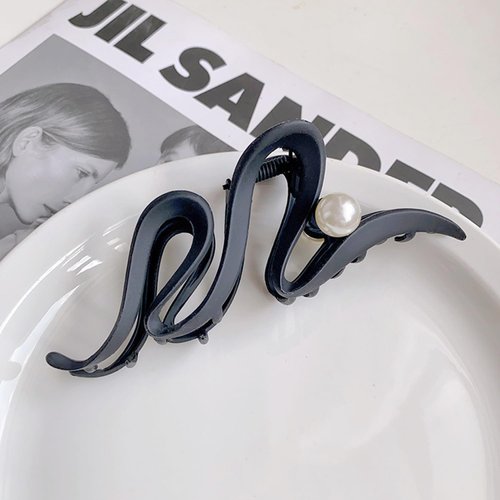 Black Ribbon Hair Clips Metal with Pearl Hair Accessories for Women Girls Elegant Curve Wave Hair Claw Clips Shiny Hairpins Strong Hold Nonslip Hair Clip for Thick or Thin Hair Goddess Look 1 Pcs