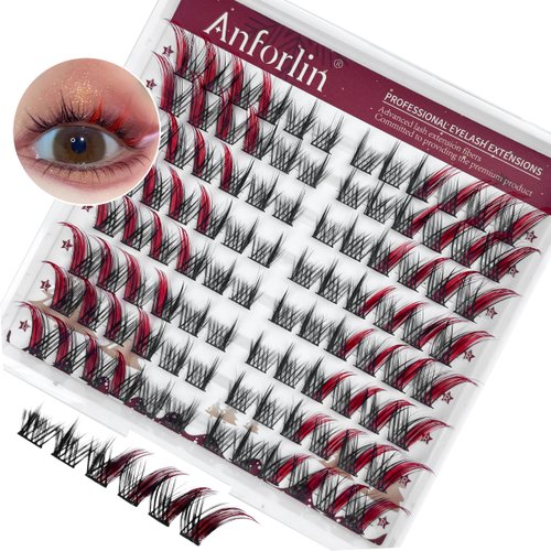 Black&Red Fox Eye Lashes Fluffy Lash Clusters C Curl Left & Right Cluster Eyelash Extensions 96 PCS Colored Individual Lashes Cat Eye Manga Lashes DIY At Home for Christmas, by Anforlin