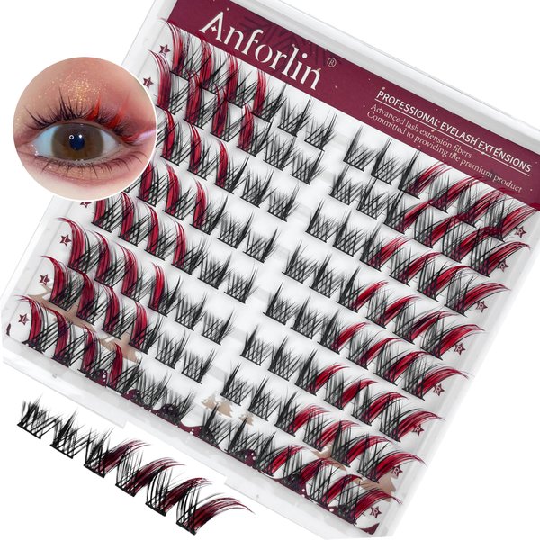 Black&Red Fox Eye Lashes Fluffy Lash Clusters C Curl Left & Right Cluster Eyelash Extensions 96 PCS Colored Individual Lashes Cat Eye Manga Lashes DIY At Home for Christmas, by Anforlin