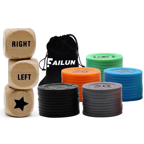 FAILUN Left Right Center Dice Game Set,3 Wooden Dices and 50 Pcs Game Coins with Drawstring Bag, Easy to Store and Carry Around, Convenient for Travel(3Dices+50Pcs)