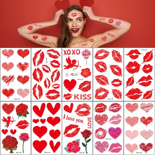 Totelux Valentines Temporary Tattoo Heart Lips Fake Tattoos Waterproof Rose Tattoo Stickers for Women Men Wedding Face Body Decoration Valentines Party favors Supplies