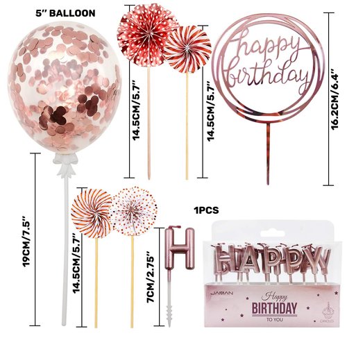 MOVINPE Rose Gold Cake Topper Decoration with Happy Birthday Candles Happy Birthday Banner Confetti Balloon Paper Fans For Rose Gold Theme Party Decor Girl Women Birthday Party