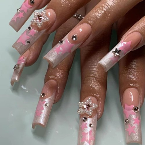 MISUD Coffin Press on Nails Long Fake Nails Glossy Glue on Nails Pink French Tip Acrylic Nails Ballerina Artificial Nails Bling Star Rhinestone Stick on False Nails with Design 24 pcs