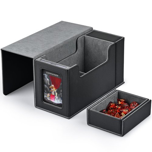 ZLCA Card Deck Box with Display Window,MTG Commander Deck Box Fits 200 Double-Sleeved Cards with Dice Tray & 35pt Magnetic Card Holder-Black&Grey