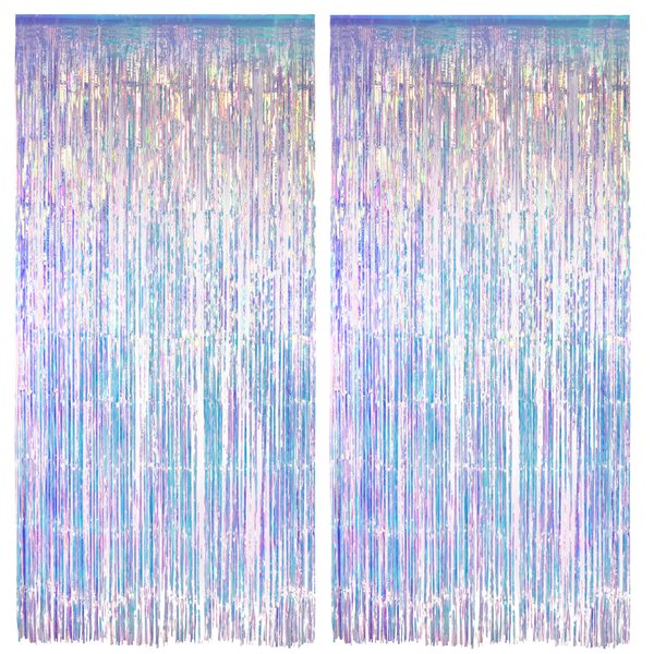 Iridescent Party Streamers Backdrop - GREATRIL Neon Transparent Holographic Tinsel Foil Fringe Curtain for Mermaid/Frozen/Sea/Euphoria/ERAS Party Theme Decorations 2 PCS