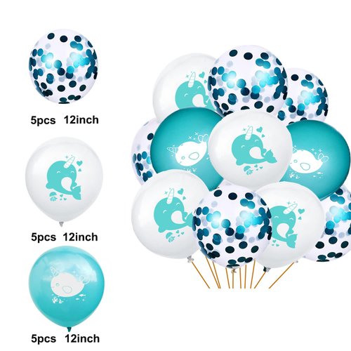 Narwhal Balloons Set, 2 Pieces Narwhal Foil Balloons and 15 Pieces Narwhal Theme Latex Balloons for Kids Ocean Narwhal Birthday Party Decorations Baby Showers
