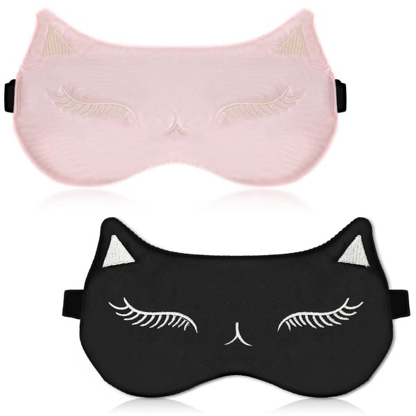 Cat Silk Sleep Mask, 2 Pieces Cute Sleep Mask for Kids Sleeping Masks Satin Sleep Eye Mask Night Eyeshade Cover with Adjustable Strap Silk Eye Mask Blindfold for Women Girls Boys Party Games Sleeping