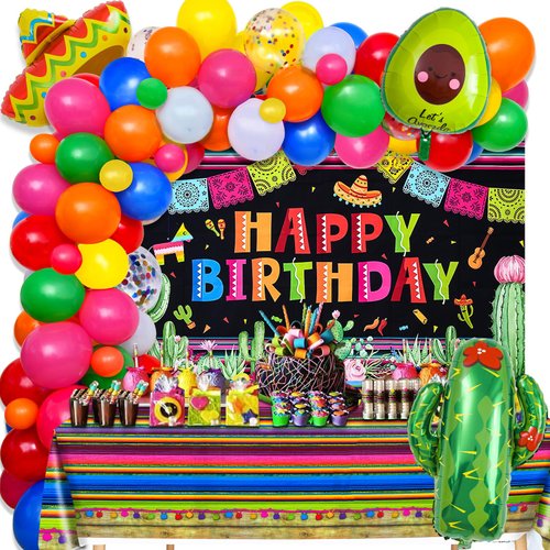 Golray 97pcs Mexican Party Decorations Fiesta Birthday Supplies for Boys Girls Adult - Balloon Arch Kit Serape Tablecloth Happy Birthday Backdrop Taco Balloons Decor Cinco De Mayo Party Decorations