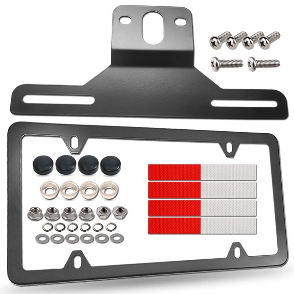 BGGTMO Trailer License Plate Bracket Holder- ATV/RVs/Boat/Jet Ski Utility Trailer Metal Car Tag Frame and Black Aluminum Cover Mounting Kit with Screw Caps