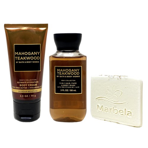 Bath & Body Works Men's Collection Mahogany Teakwood Body Cream and 3-in-1 Hair, Face & Body Wash Bundle with a Natural Oats Sample Soap - Travel Size