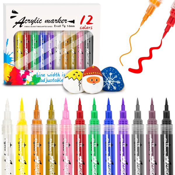 12 Colors Acrylic Paint Markers, 2x Ink Volume Flexible Brush Tip Acrylic Paint Pens, 5.5g High-capacity Strong Coverage for Rock Painting, Ceramic, Wood, Plastic, Canvas, Card, DIY Crafts