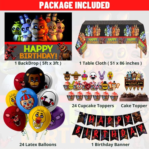 Nelton Birthday Party Supplies For FNAF Includes Banner - Backdrop - Cake Topper - 24 Cupcake Toppers - 24 Balloons - Table Cloth