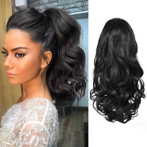BETHANY Ponytail Extension,15 Inch Drawstring Ponytail Hair Extensions Short Wavy Fake Pony Tail Synthetic Hair Pieces for Women (Black)