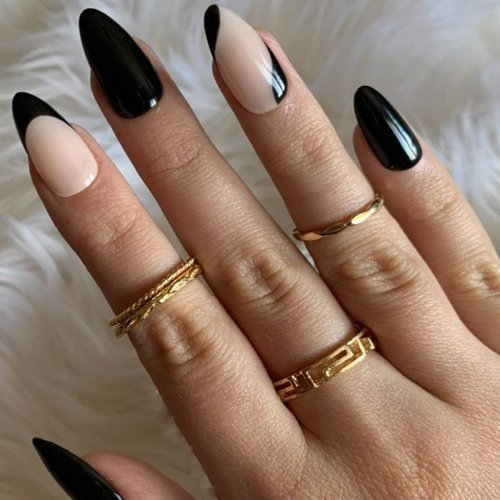 GLAMERMAID Black Press on Nails Medium Almond, Nude French Tip Fake Nails Stiletto, Jump Color Short Oval Stick on Nails Gel, Dark Acrylic False Nail Tip, Reusable Natural Nail Kit for Women Girl Gift