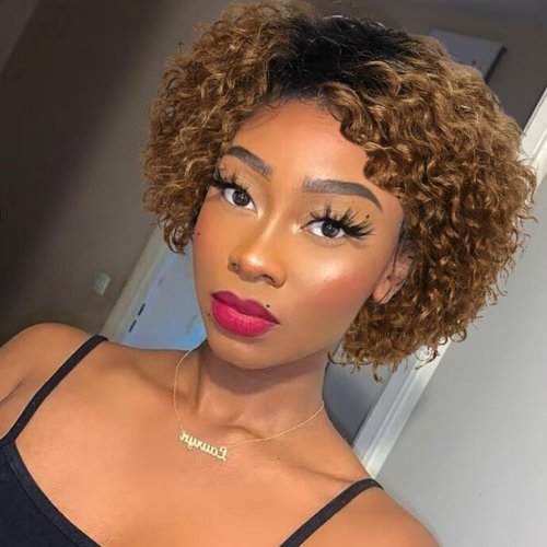 Hanne Fashion Short Curly Human Hair Wig for Black Women Ombre Brown Curly Bob Wigs Side Part Pixie Cut Wig Brazilian Remy Human Hair Non Lace Glueless Wigs (OT30)