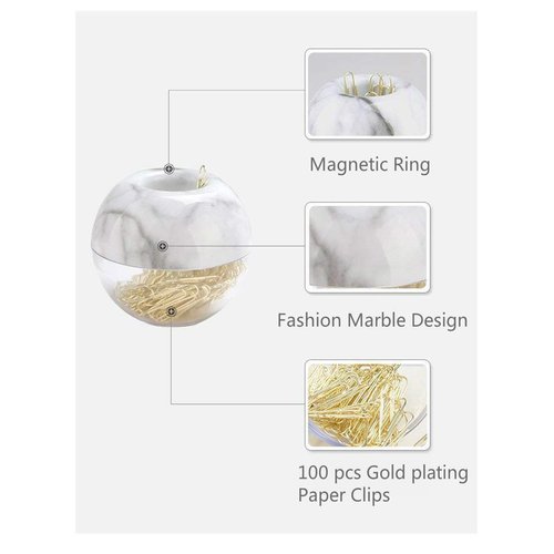 Magnetic Paper Clip Holder, Marble White Holder with Gold Paper Clips 100pcs 28mm(1.1") Cute Office Supplies for Desk Organizer