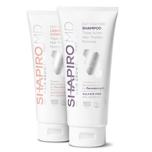 Hair Loss Shampoo and Leave in Conditioner | DHT Fighting Vegan Formula for Thinning Hair Developed by Dermatologists | Experience Healthier, Fuller & Thicker Looking Hair – Shapiro MD | 1-Month