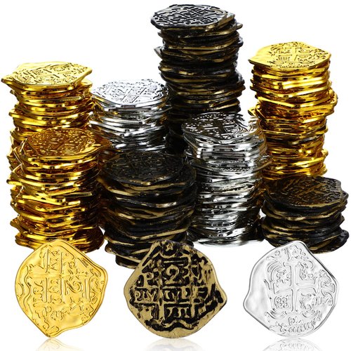 Charniol 300 Pcs Pirate Gold Coins Plastic Doubloon Bulk Kids Fake Play for Party Treasure Chest Games Tokens Toys Cosplay, Gold, Silver, Bronze (Irregular)
