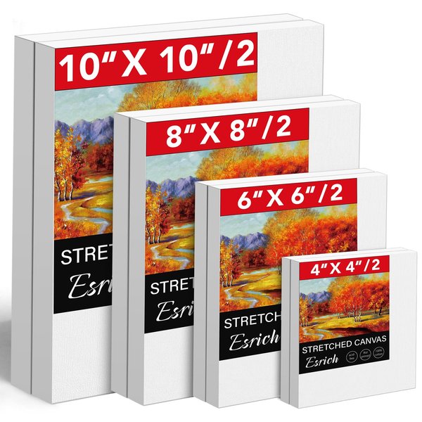 Stretched Canvases for Painting, 8PCS Multi Pack Square Canvas 4×4”, 6×6”, 8×8”, 10×10”(2 of Each), Acid-Free Wood Frame Blank Canvas, Art Canvas Pre Primed for Acrylic, Oil Painting, Tempera.