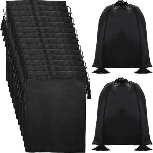 Youeon 16 Pcs Silk Satin Wig Bags 12"x16", Satin Black Gift Bags Travel Bags with Drawstring Tassel, Satin Bags for Packaging Wig, Bundles, Hair Extensions, Storage Bags for Home, Salon, Travel