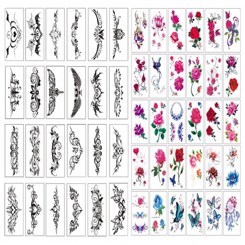 54 Sheets Sexy Tattoos Stickers 3D Waterproof Temporary Tattoos Flowers, Butterflies and Multi-Colored Mixed Style Body Art Temporary Tattoos for Women and Girls