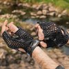 Kango Leather Padded Breathable Fingerless Workout Gloves, Crochet Back, Black (Small)