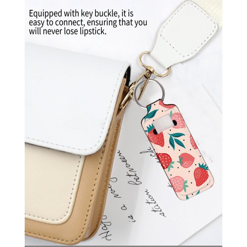 KLLRO RUO Chapstick Holder Keychain Fashion Lipstick Sleeve Lip Balm Portable Pocket Lip Gloss Tube Holder Clip-on Makeup Travel Accessories - Pink Strawberry