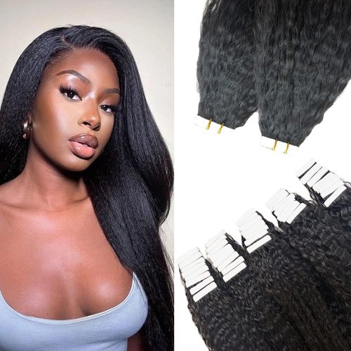 Tape in Hair Extensions Human Hair Kinky Straight Tape ins Human Hair Extensions 40 Pieces 100 Gram Double Sided Skin Weft Kinky Tape in Remy Hair Extensions 22 Inch