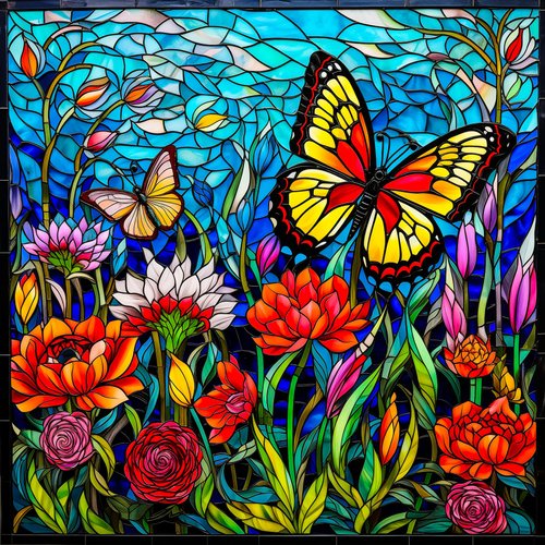 Stained Glass Puzzles for Adults 1000 Pieces, Bgraamiens Flowers Puzzle as Home Decor, Butterfly Flower Puzzles as Home Decor