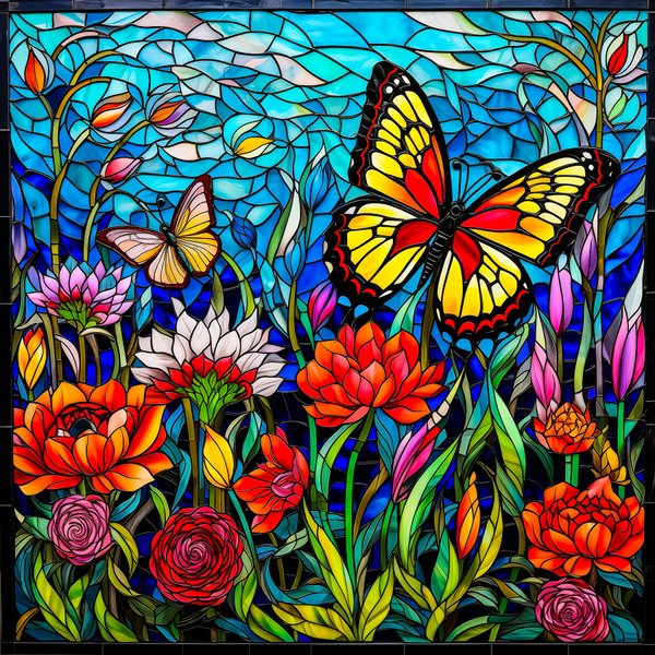 Stained Glass Puzzles for Adults 1000 Pieces, Bgraamiens Flowers Puzzle as Home Decor, Butterfly Flower Puzzles as Home Decor