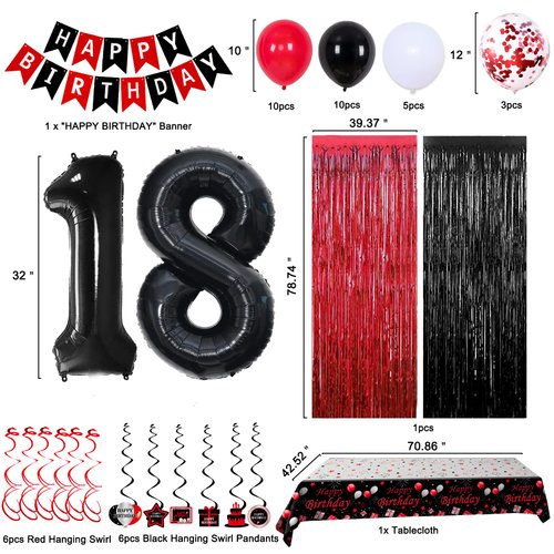 18th Birthday Decorations for Boys Girls, Red and Black Happy 18th Birthday Balloons Banner Number 18 Balloons Hanging Swirls Tablecloth Foil Fringe Curtains for 18 year old Birthday Party Decorations